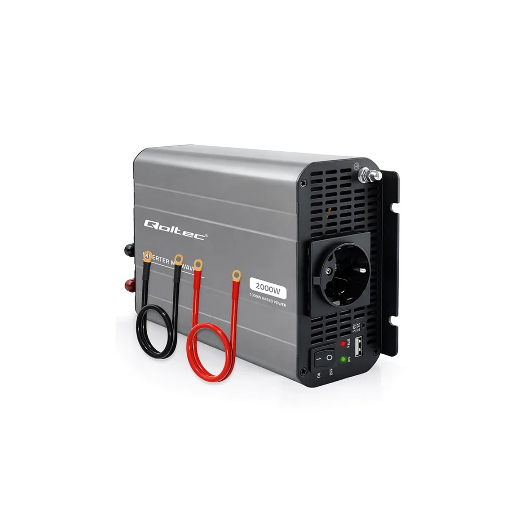 52682 Qoltec Przetwornica napięcia MS Wave 12V na 230V 1000/2000W USB Kompatybilna z LiFePO4 GEL AGM