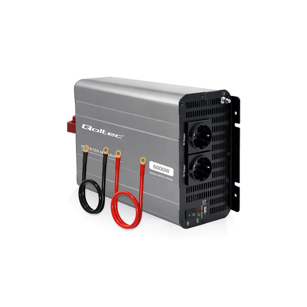52686 Qoltec Przetwornica napięcia MS Wave 12V na 230V 3000/6000W USB Kompatybilna z LiFePO4 GEL AGM