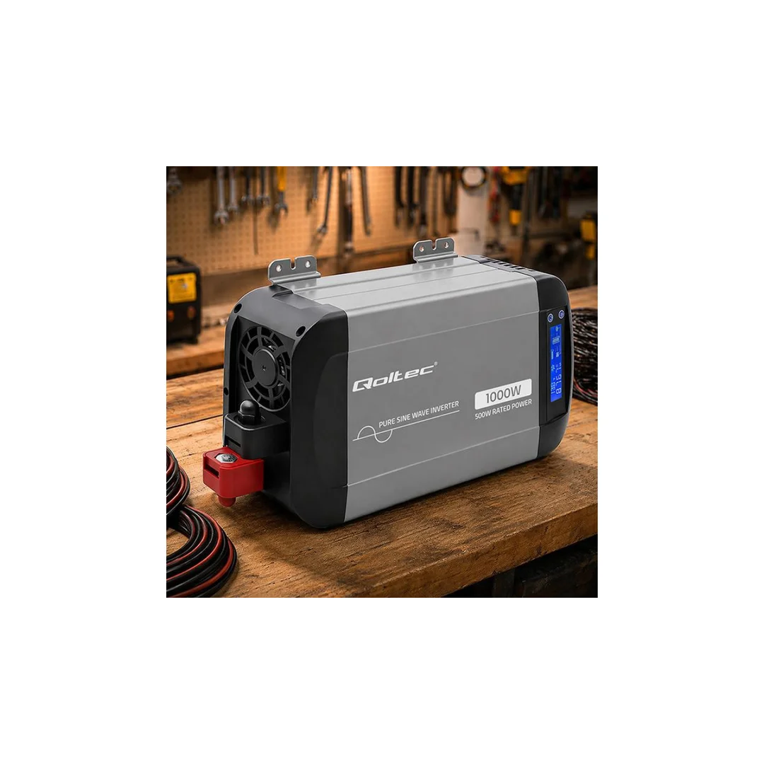 52688 Qoltec Przetwornica napięcia Pure Sine Wave 12V na 230V 500/1000W LCD USB USB-C Kompatibilność z LiFePo4 GEL AGM