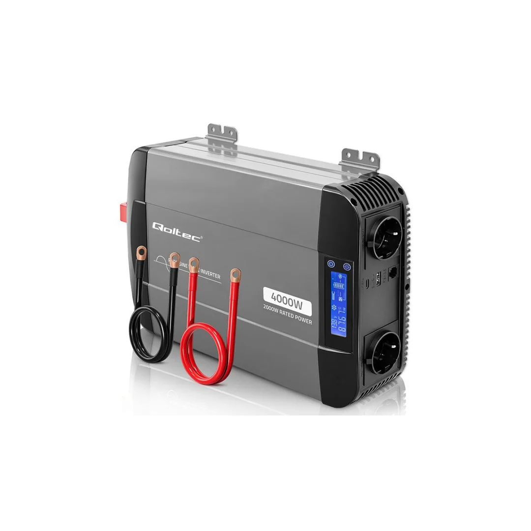 52691 Qoltec Przetwornica napięcia Pure Sine Wave 12V na 230V 2000/4000W LCD USB USB-C Kompatybilna z LiFePO4 GEL AGM