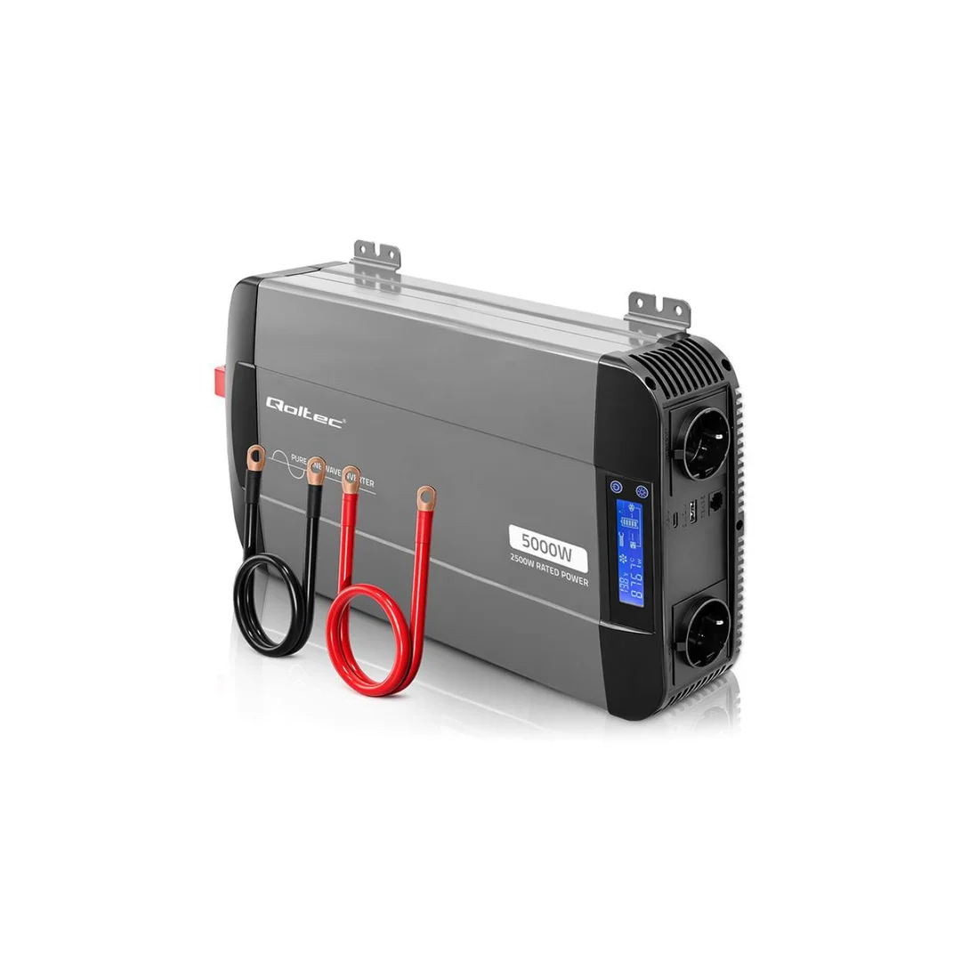 52692 Qoltec Przetwornica napięcia Pure Sine Wave 12V na 230V 2500/5000W LCD USB USB-C Kompatybilna z LiFePO4 GEL AGM