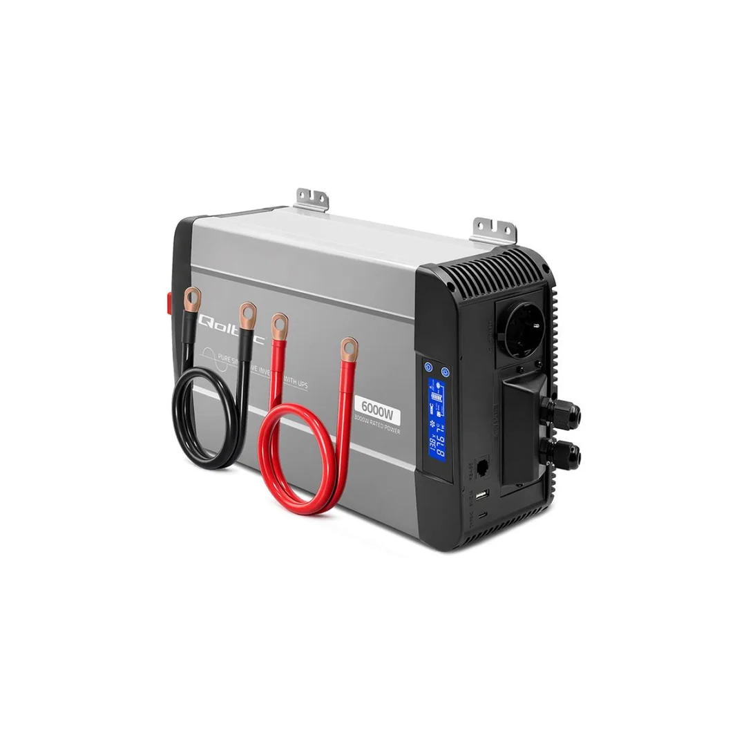 52698 Qoltec Przetwornica napięcia Pure Sine Wave z UPS 12V na 230V 3000/6000W LCD USB USB-C Kompatybilna z LiFePO4 GEL AGM