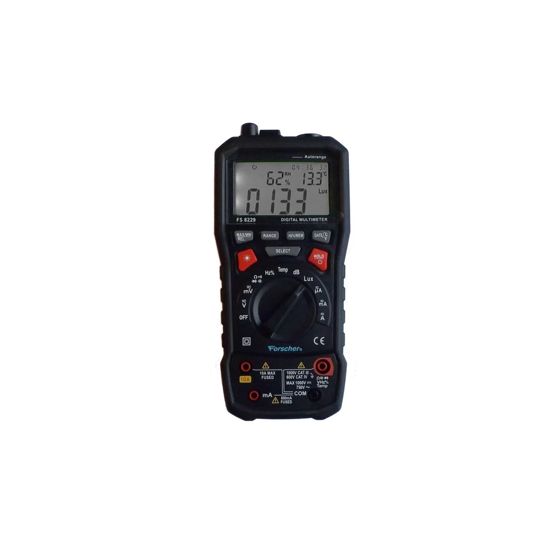 Miernik automatyczny uniwersalny z pomiarem oświetlenia, dżwięku multimetr cyfrowy z wyświetlaczem LCD True RMS FORSCHER FS8229