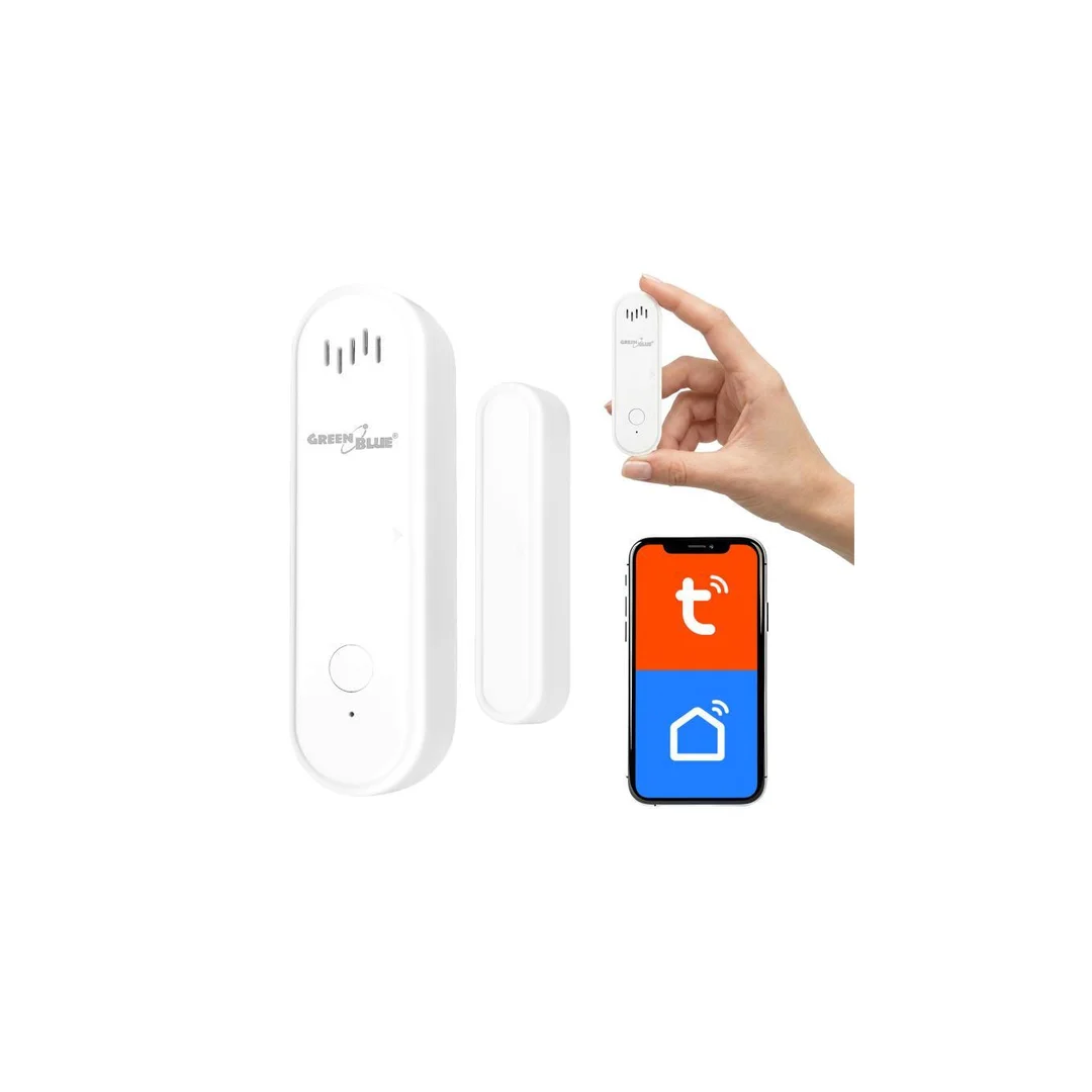Bezprzewodowy kontraktron / czujnik otwarcia WiFi GreenBlue, Android/iOS, do drzwi / okien, 3.0V DC, LR03x2, z alarmem, GB478