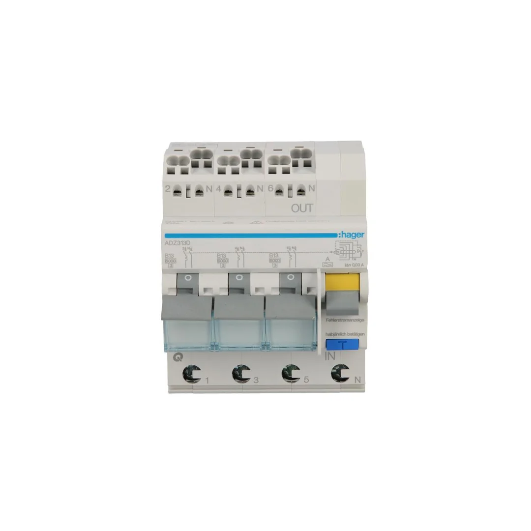 Wyłącznik różnicowo-nadprądowy RCBO 3x1P+N B13A 0,03A Typ A 6kA RCBO ADZ313D