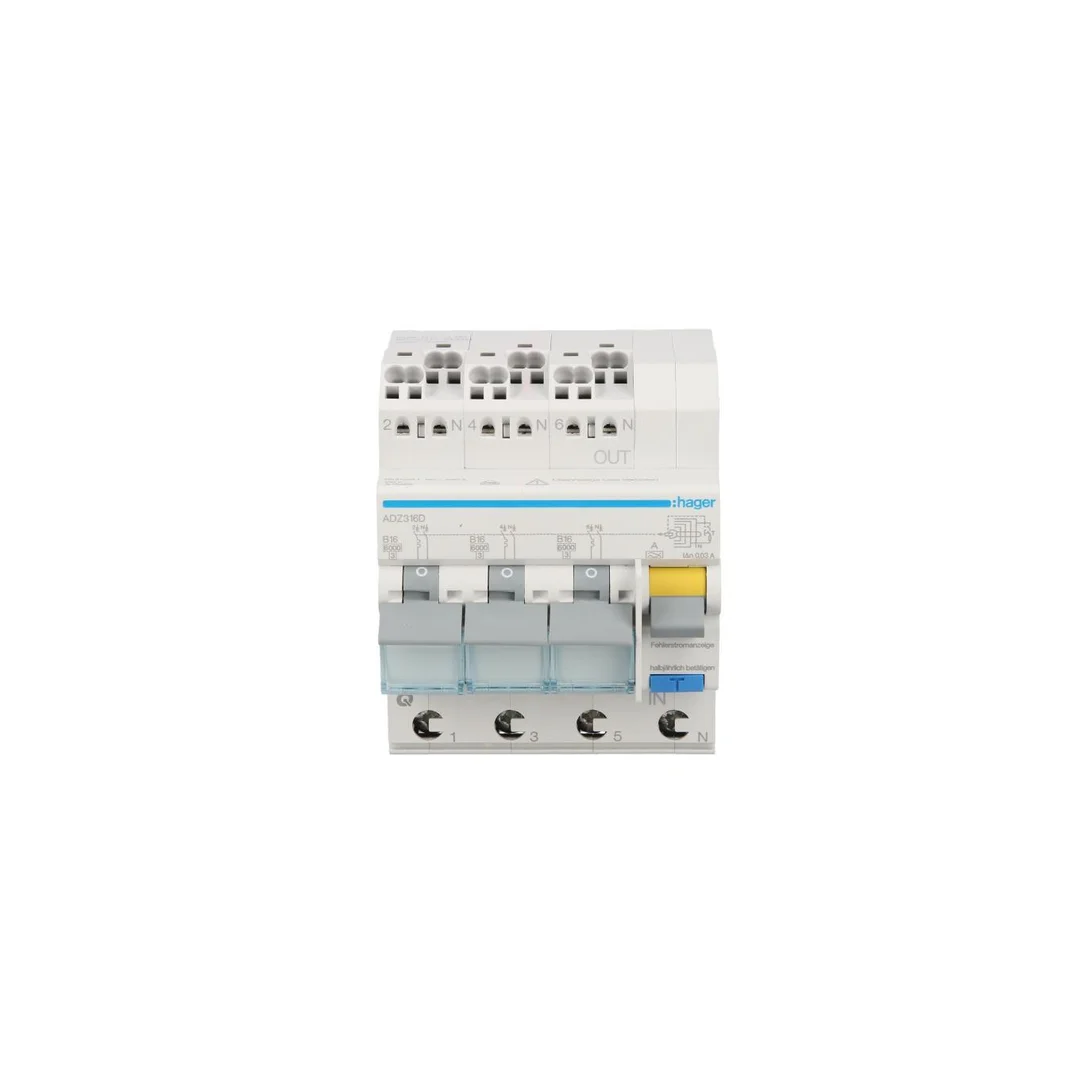 Wyłącznik różnicowo-nadprądowy RCBO 3x1P+N B16A 0,03A Typ A 6kA RCBO ADZ316D