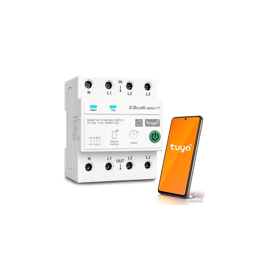 50976 Qoltec Trójfazowy przekaźnik 63A na szynę DIN 3P+N Timer Wi-Fi Tuya Smart Life Amazon Alexa 4P