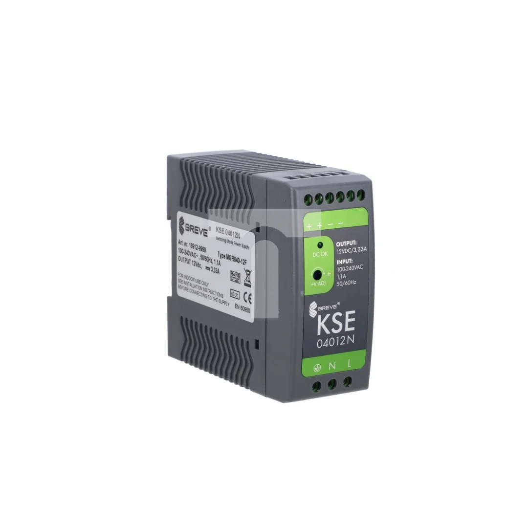 Zasilacz impulsowy KSE 04012P 230/ 12VDC 3,3A 40W na szynę DIN, Uzas: 85-264VAC, Ta70, 18912-9990
