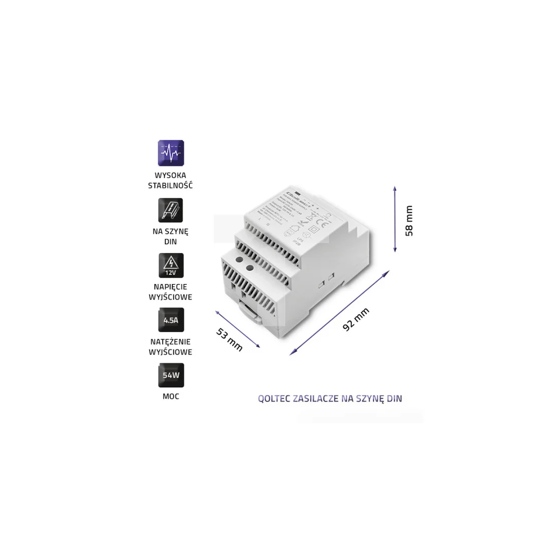 Qoltec Zasilacz na szynę DIN 54W 12V 4.5A Szary