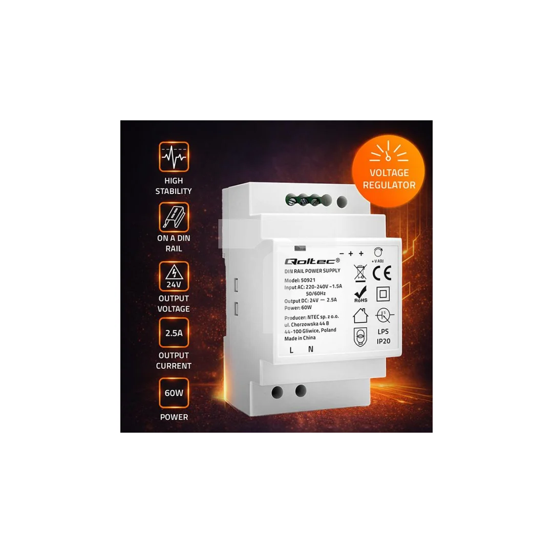 Qoltec Zasilacz na szynę DIN 60W 24V 2.5A Szary