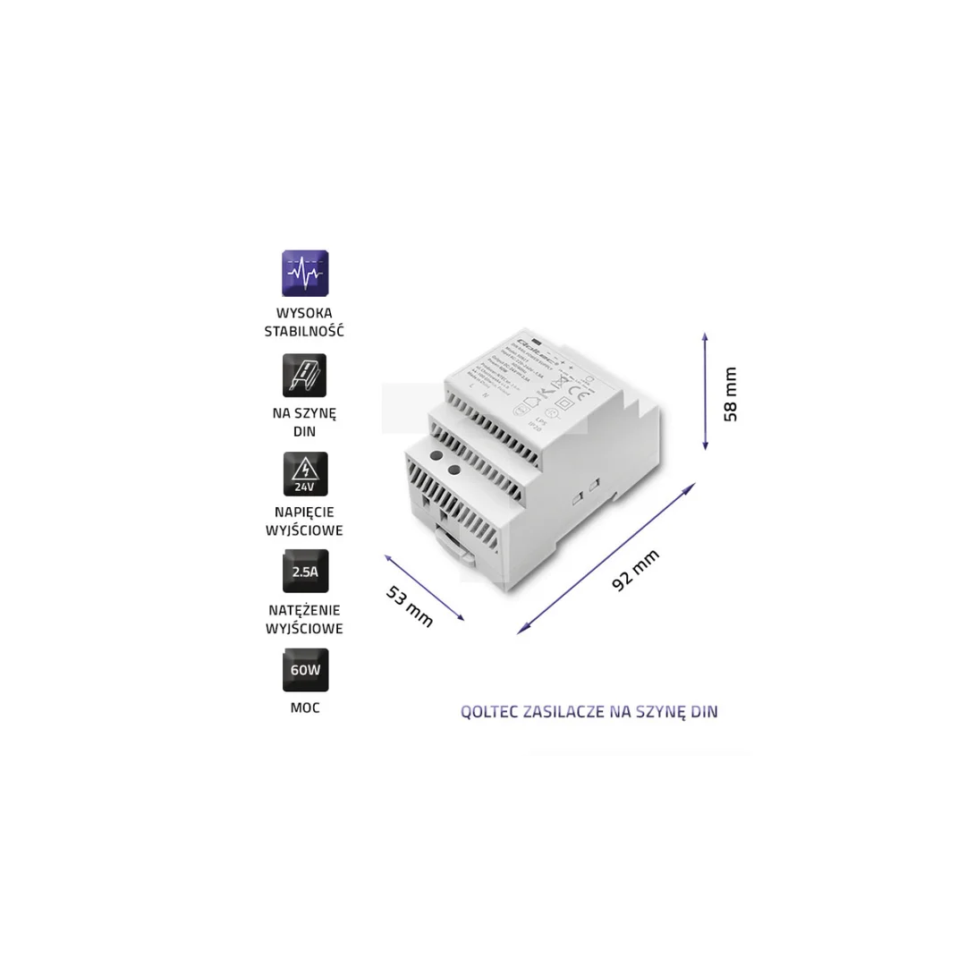 Qoltec Zasilacz na szynę DIN 60W 24V 2.5A Szary