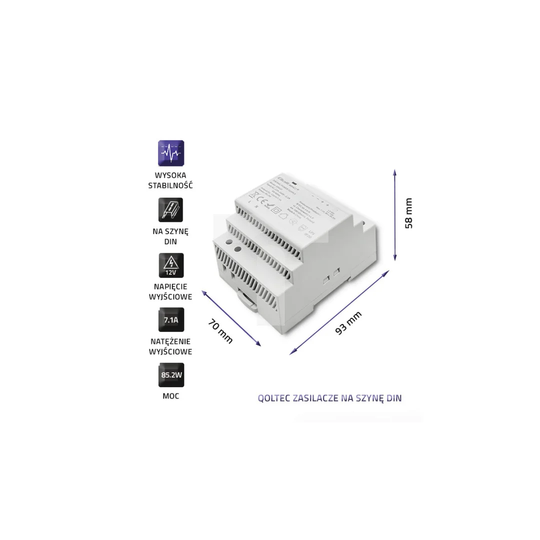 Qoltec Zasilacz na szynę DIN 85.2W 12V 7.1A Szary