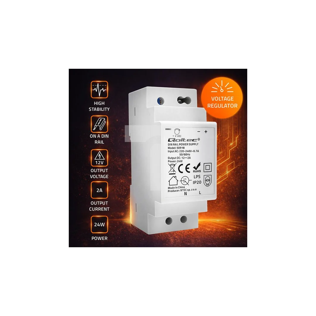 Qoltec Zasilacz na szynę DIN 24W 12V 2A Szary