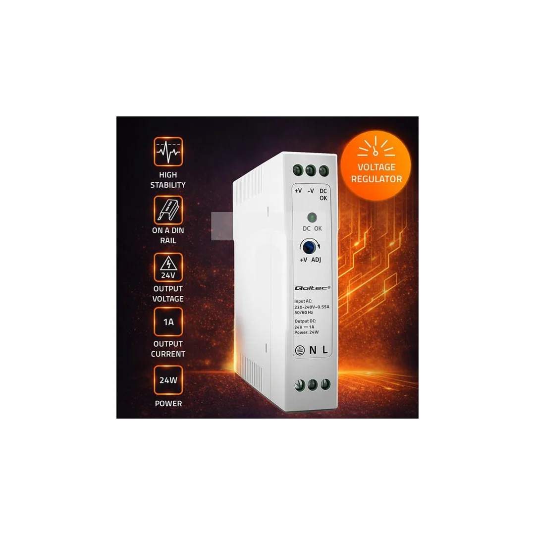 Qoltec Zasilacz na szynę DIN 24W 24V 1A Biały Slim