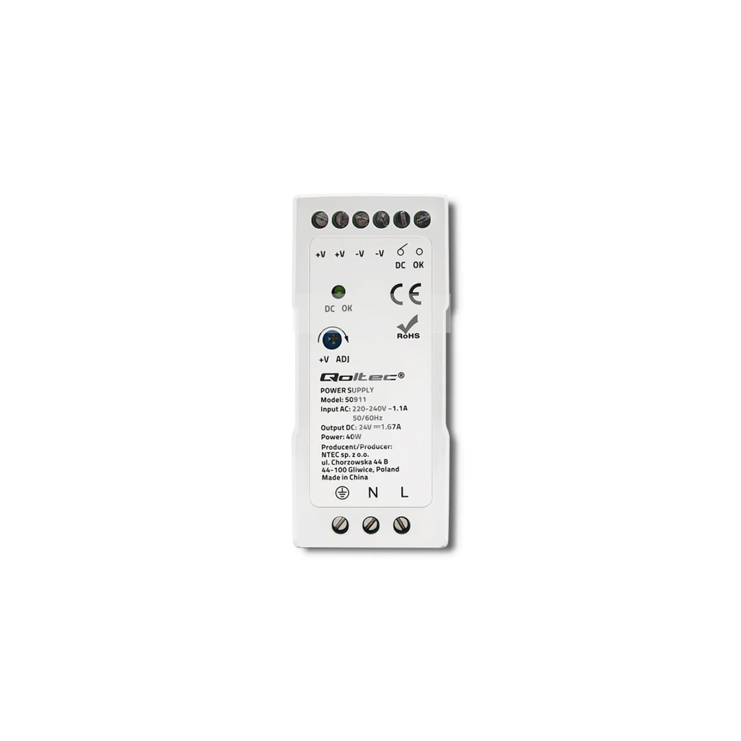 Qoltec Zasilacz na szynę DIN 40W 24V 1.67A Biały Slim