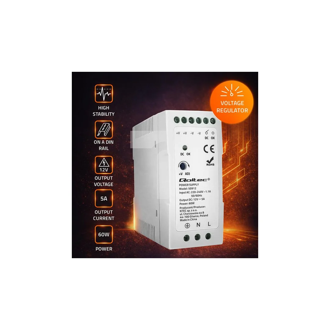 Qoltec Zasilacz na szynę DIN 60W 12V 5A Biały Slim