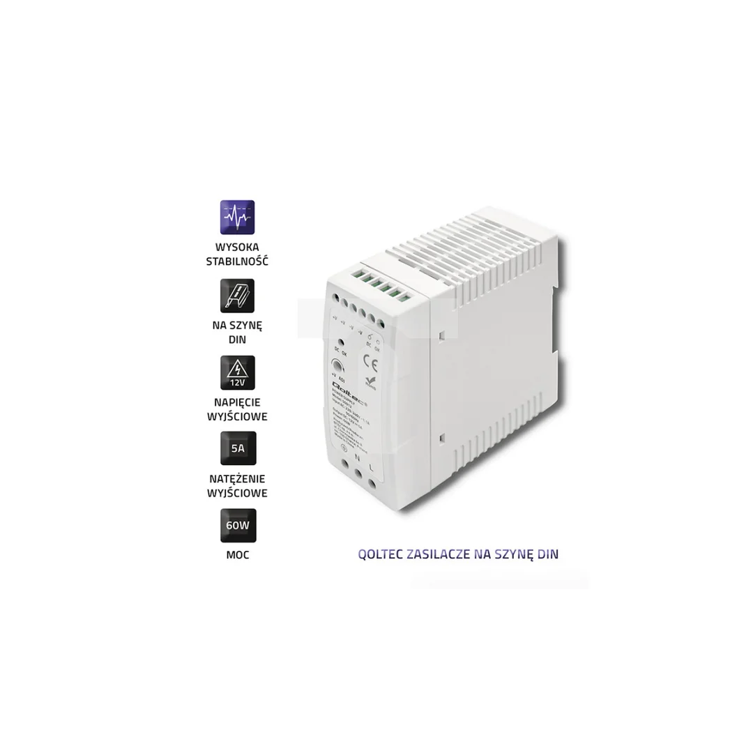 Qoltec Zasilacz na szynę DIN 60W 12V 5A Biały Slim