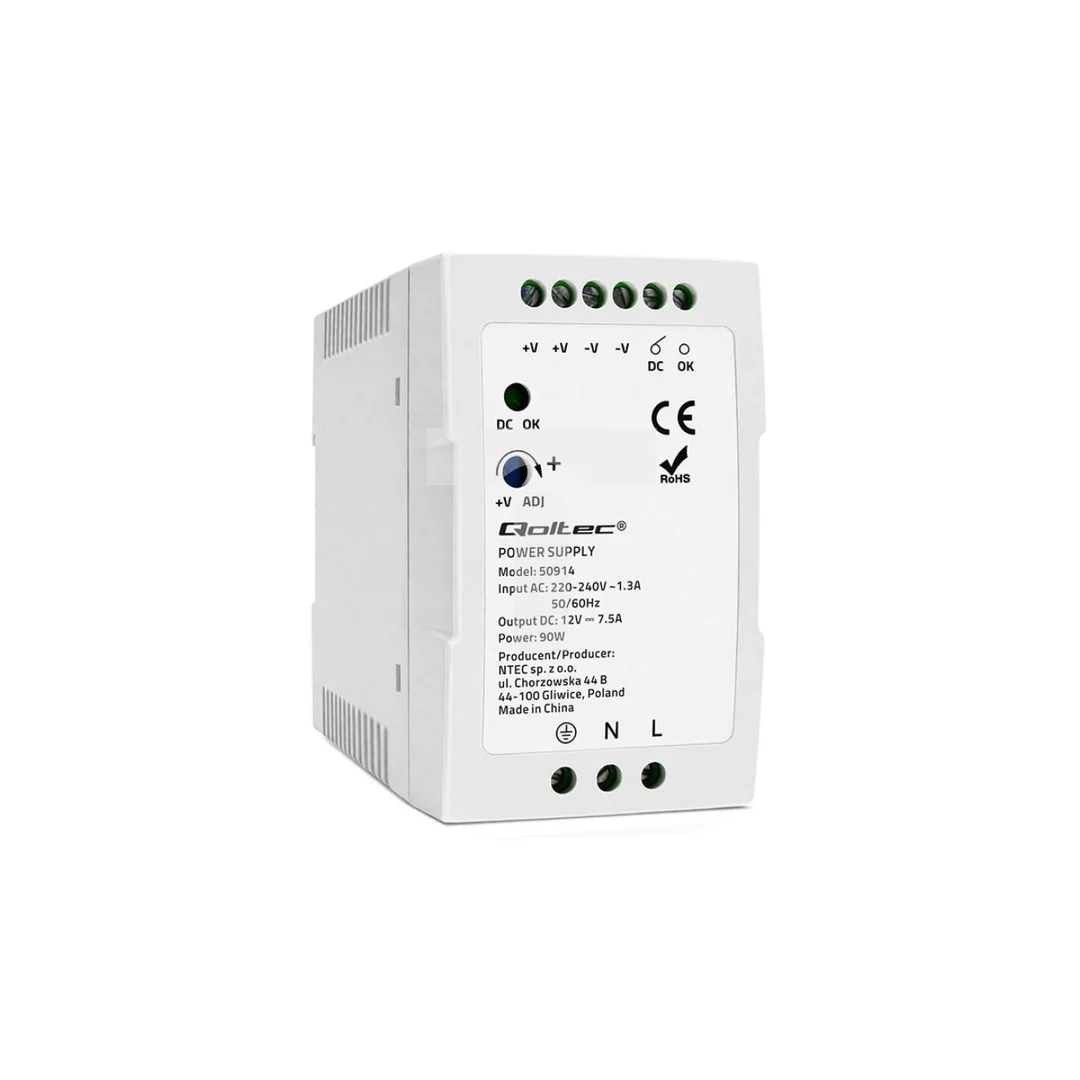 Qoltec Zasilacz na szynę DIN 90W 12V 7.5A Biały Slim
