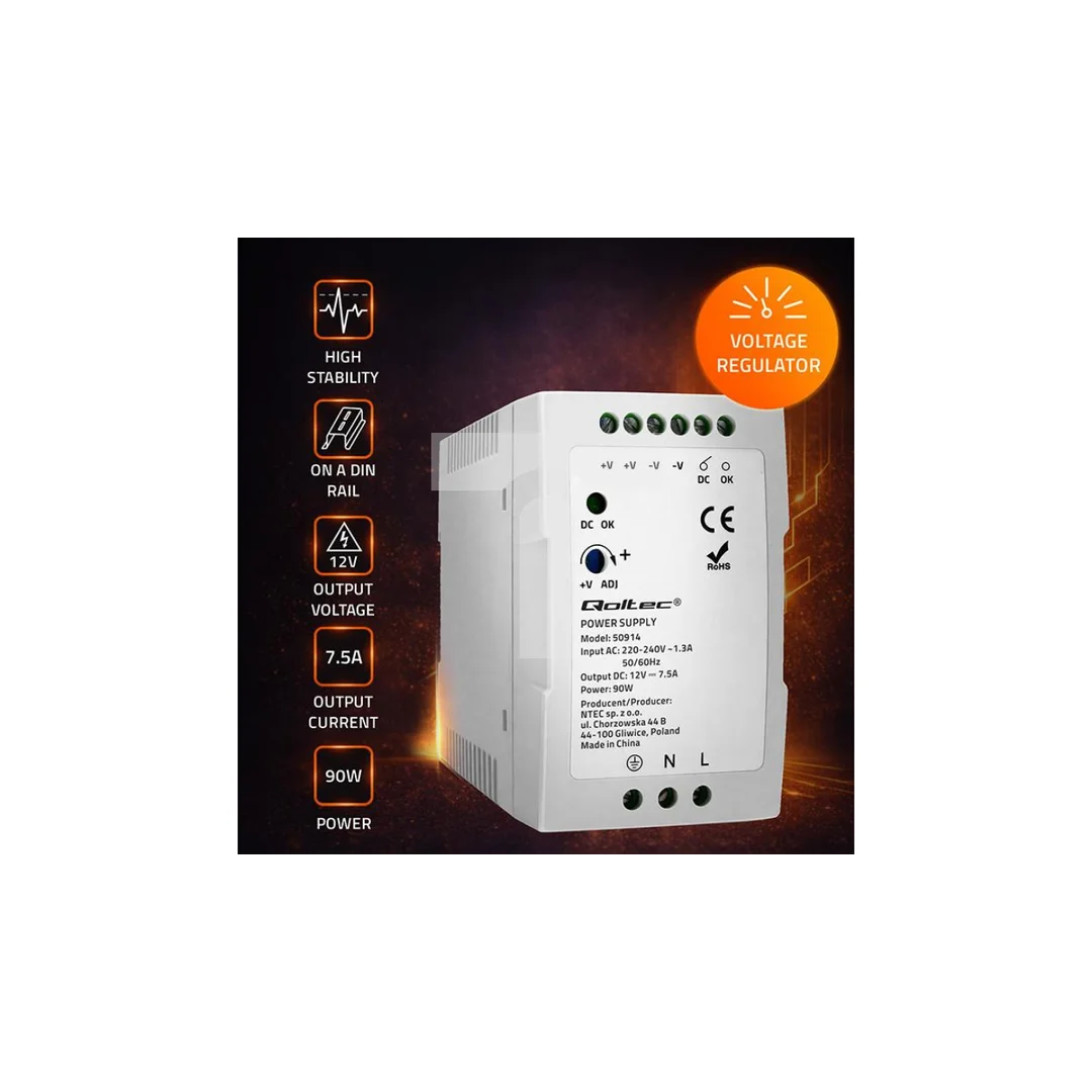 Qoltec Zasilacz na szynę DIN 90W 12V 7.5A Biały Slim