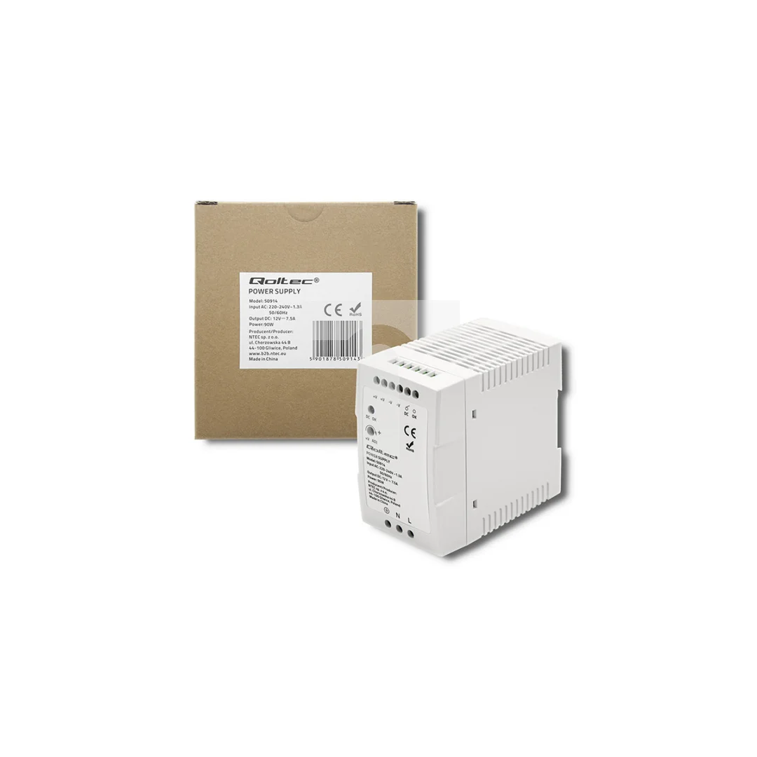 Qoltec Zasilacz na szynę DIN 90W 12V 7.5A Biały Slim