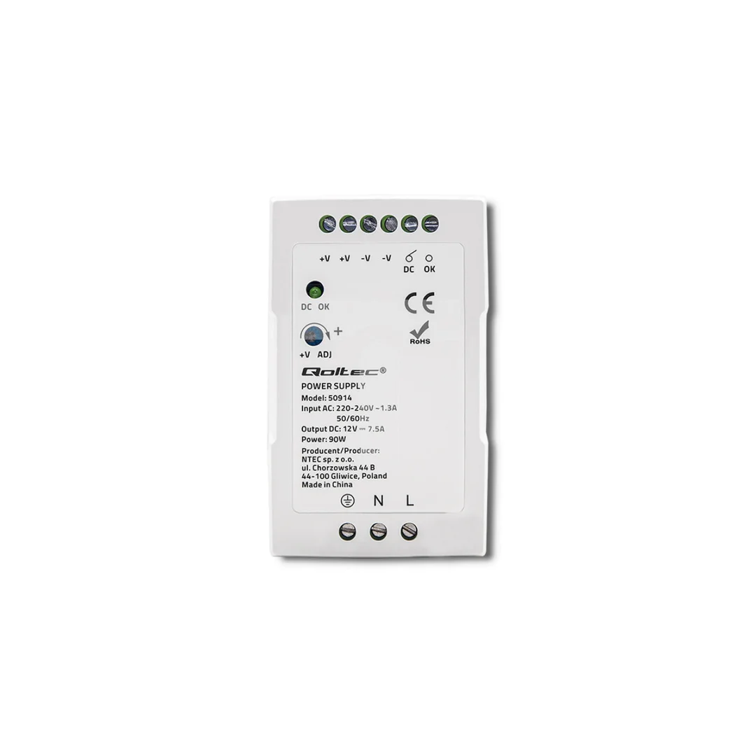 Qoltec Zasilacz na szynę DIN 90W 12V 7.5A Biały Slim