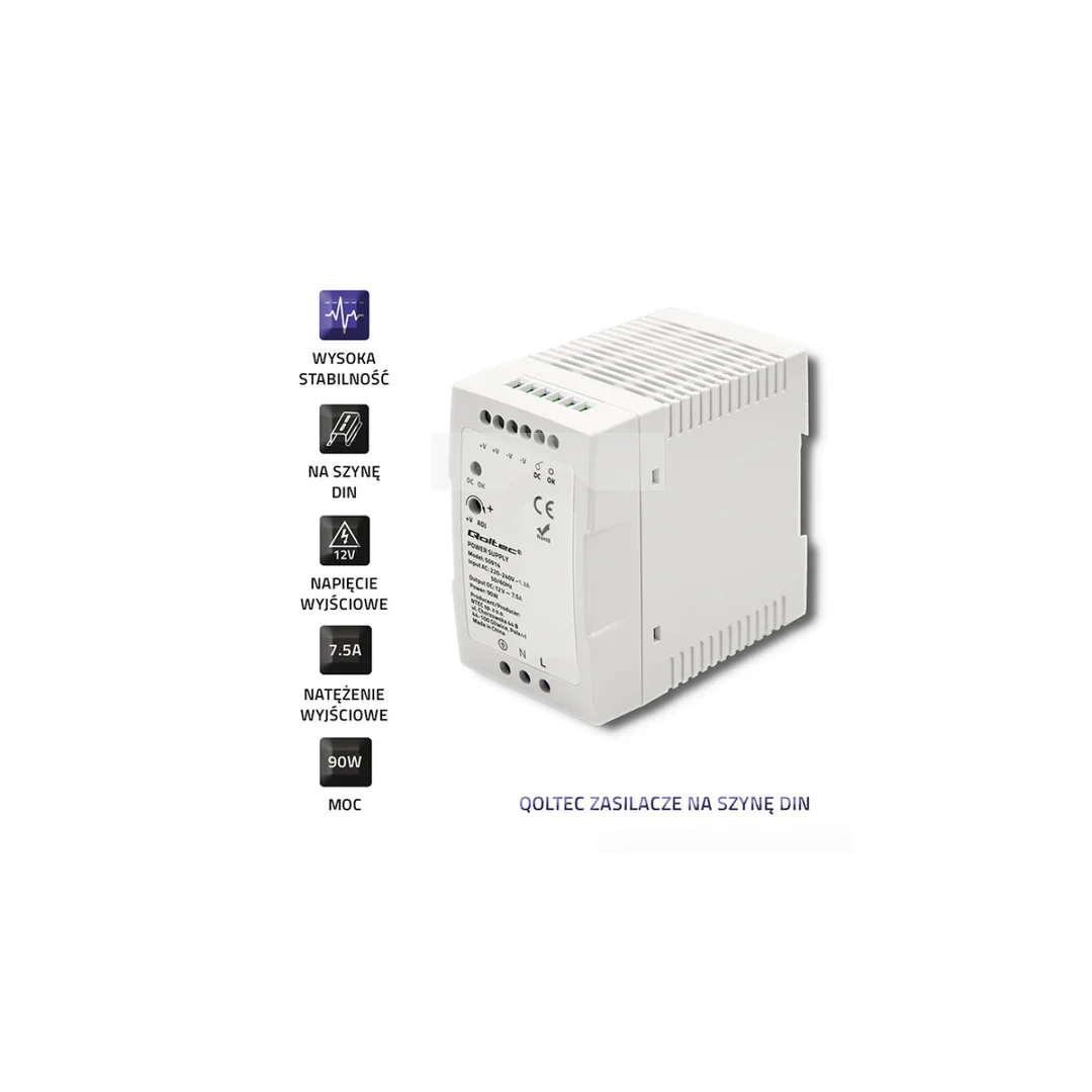 Qoltec Zasilacz na szynę DIN 90W 12V 7.5A Biały Slim