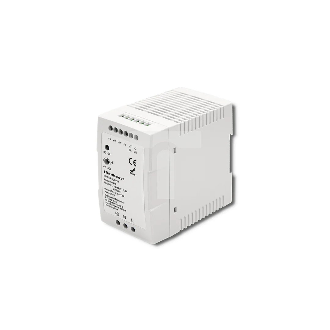 Qoltec Zasilacz na szynę DIN 90W 12V 7.5A Biały Slim
