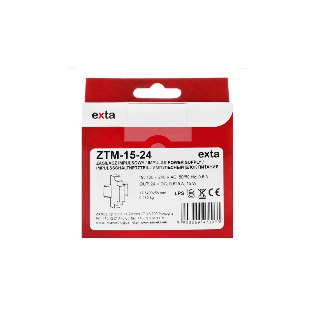 Zasilacz impulsowy montowany na szynie TH-35 (DIN) 15W 24V DC typ: ZTM-15/24 EXT10000280