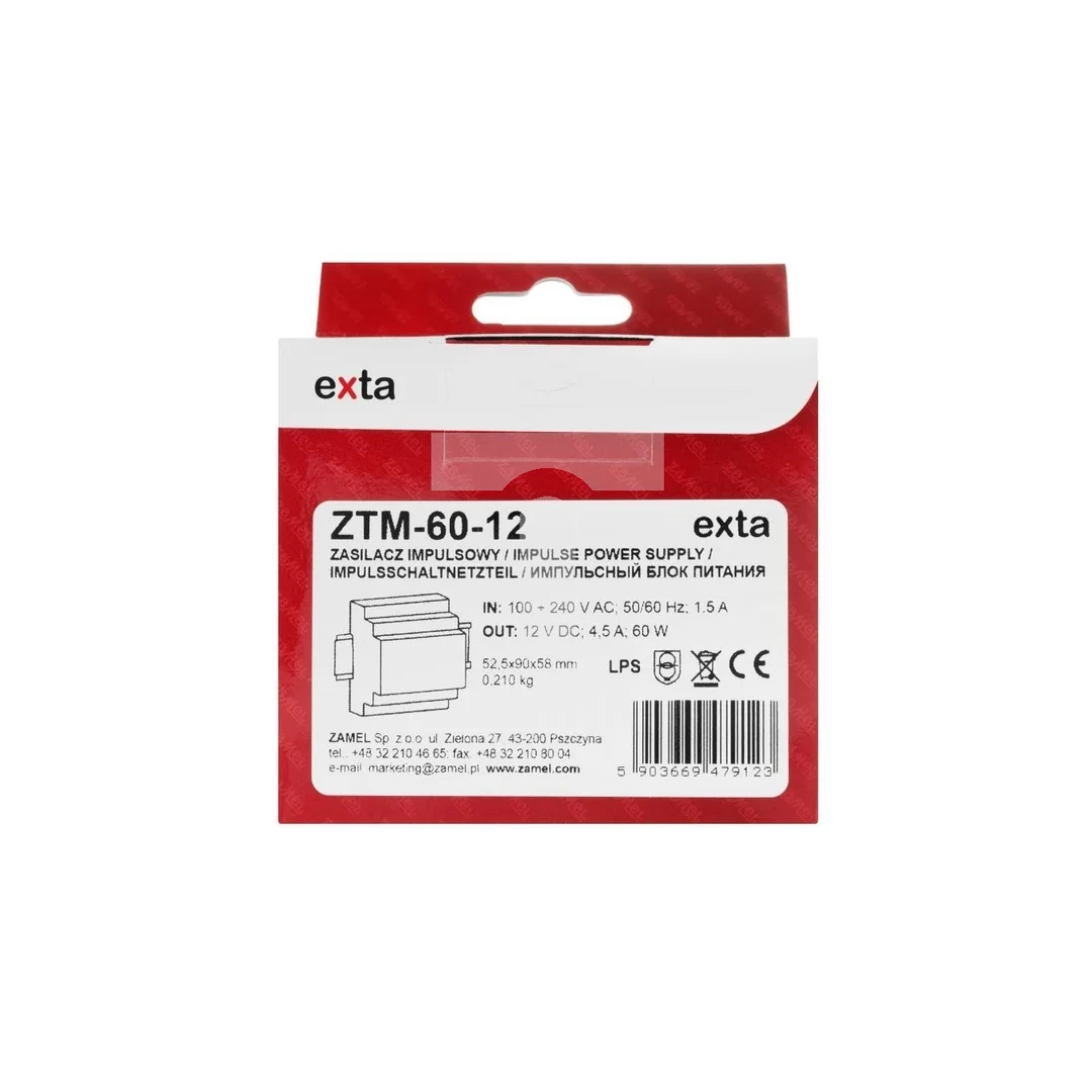 Zasilacz impulsowy montowany na szynie TH-35 (DIN) 60W 12V DC typ: ZTM-60/12 EXT10000283