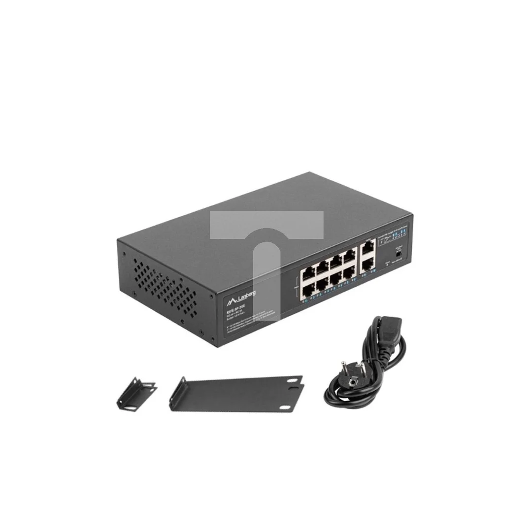 Switch RACK 10x port RJ45 (Fast Ethernet, w tym 8x PoE+ i 2x UpLink 1Gb/s) przełącznik niezarządzalny RSFE-8P-2GE-120