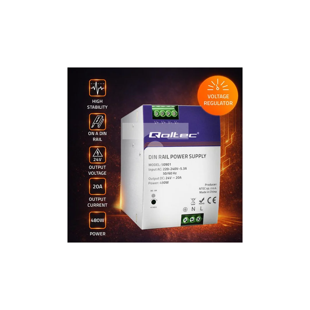 Qoltec Przemysłowy zasilacz na szynę DIN 480W 24V 20A
