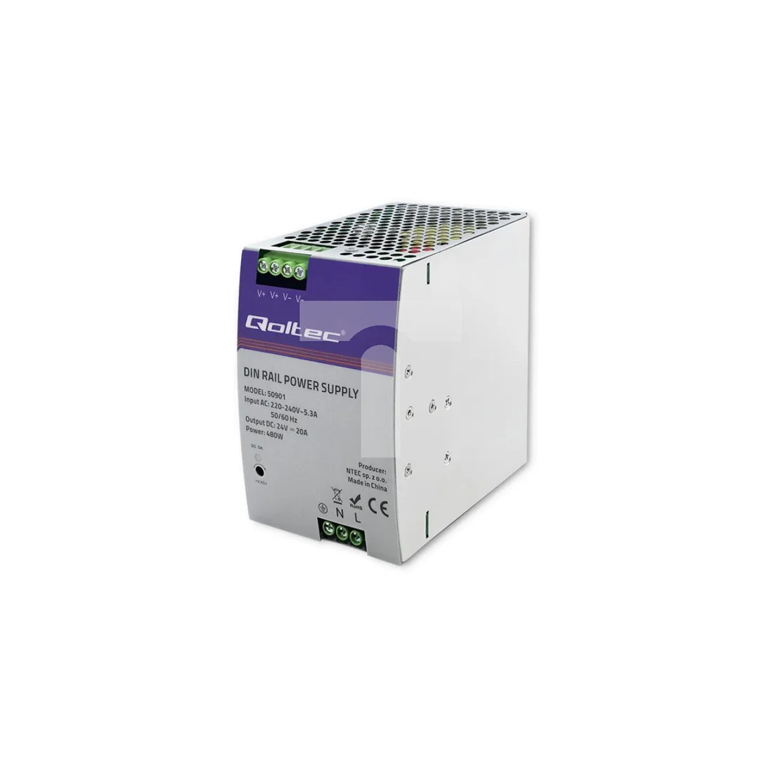 Qoltec Przemysłowy zasilacz na szynę DIN 480W 24V 20A