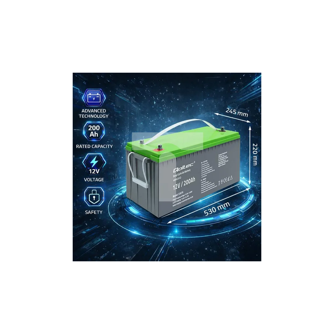Qoltec Akumulator żelowy Deep Cycle 12V 200Ah 62.5kg Bezobsługowy Professional LongLife PV, UPS, kamper