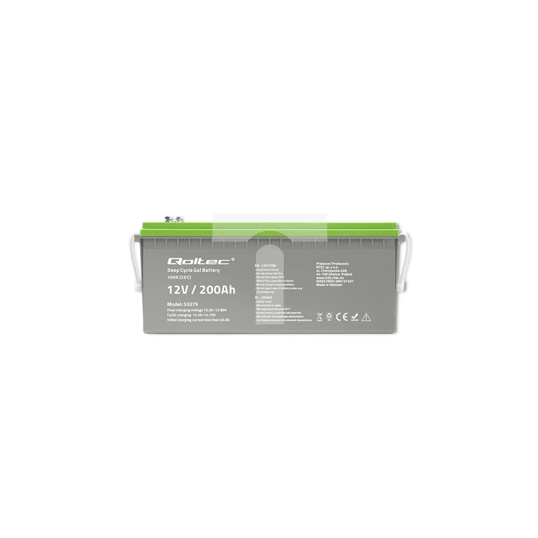 Qoltec Akumulator żelowy Deep Cycle 12V 200Ah 62.5kg Bezobsługowy Professional LongLife PV, UPS, kamper