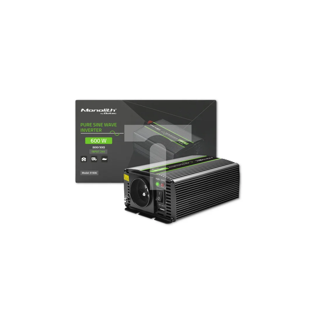 Qoltec Przetwornica napięcia Monolith 300W 600W 24V na 230V Czysty Sinus