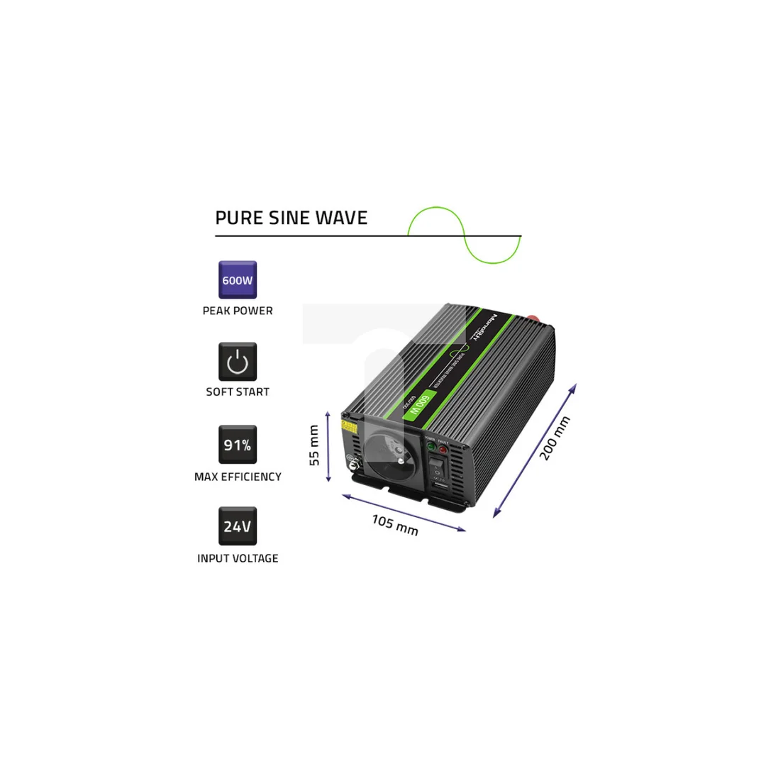Qoltec Przetwornica napięcia Monolith 300W 600W 24V na 230V Czysty Sinus