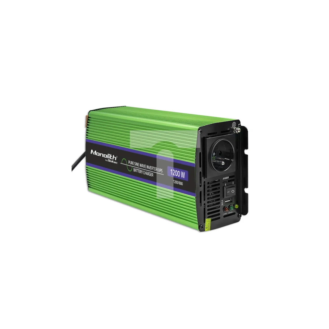 Qoltec Przetwornica napięcia Monolith ładowanie baterii UPS 600W 1200W 12V na 230V Czysty Sinus