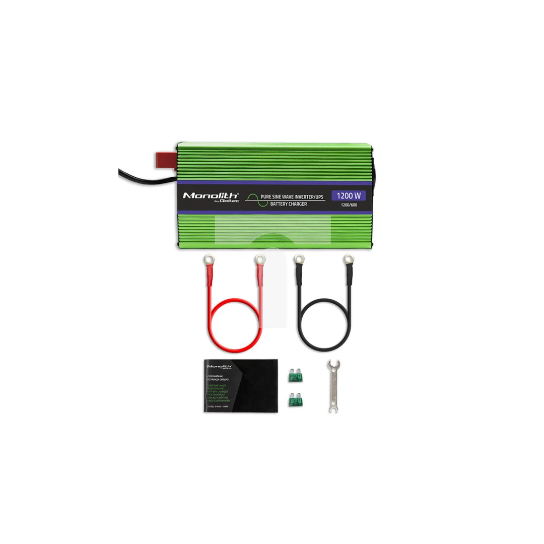 Qoltec Przetwornica napięcia Monolith ładowanie baterii UPS 600W 1200W 12V na 230V Czysty Sinus