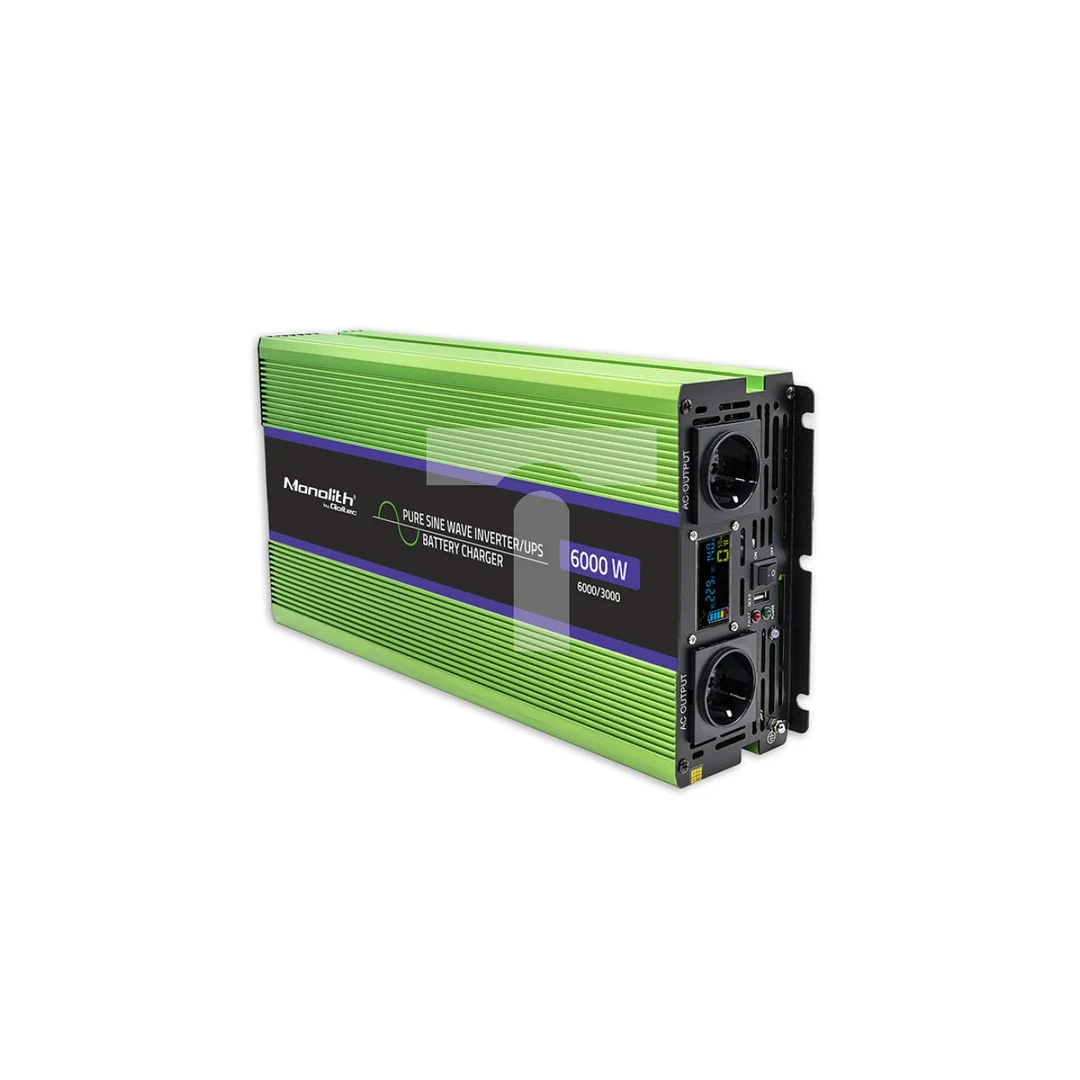 Qoltec Przetwornica napięcia Monolith ładowanie baterii UPS 3000W 6000W 12V na 230V Czysty Sinus LCD