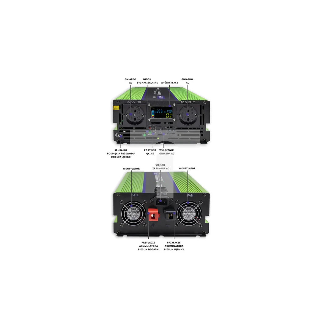 Qoltec Przetwornica napięcia Monolith ładowanie baterii UPS 3000W 6000W 12V na 230V Czysty Sinus LCD