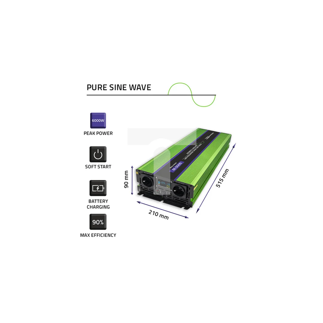 Qoltec Przetwornica napięcia Monolith ładowanie baterii UPS 3000W 6000W 12V na 230V Czysty Sinus LCD