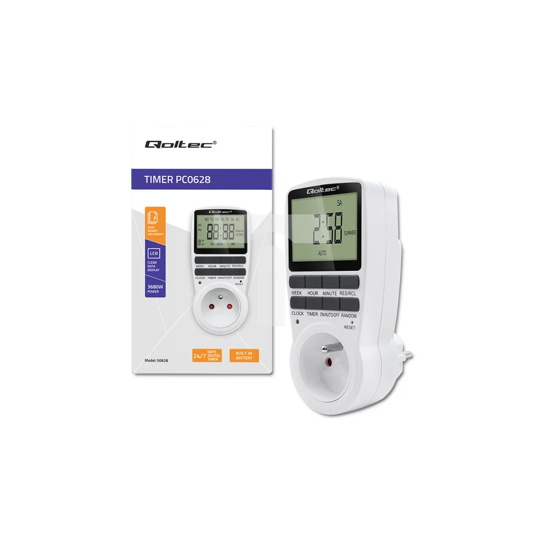 Qoltec Elektroniczny programator czasowy PC0628 3680W 16A LCD