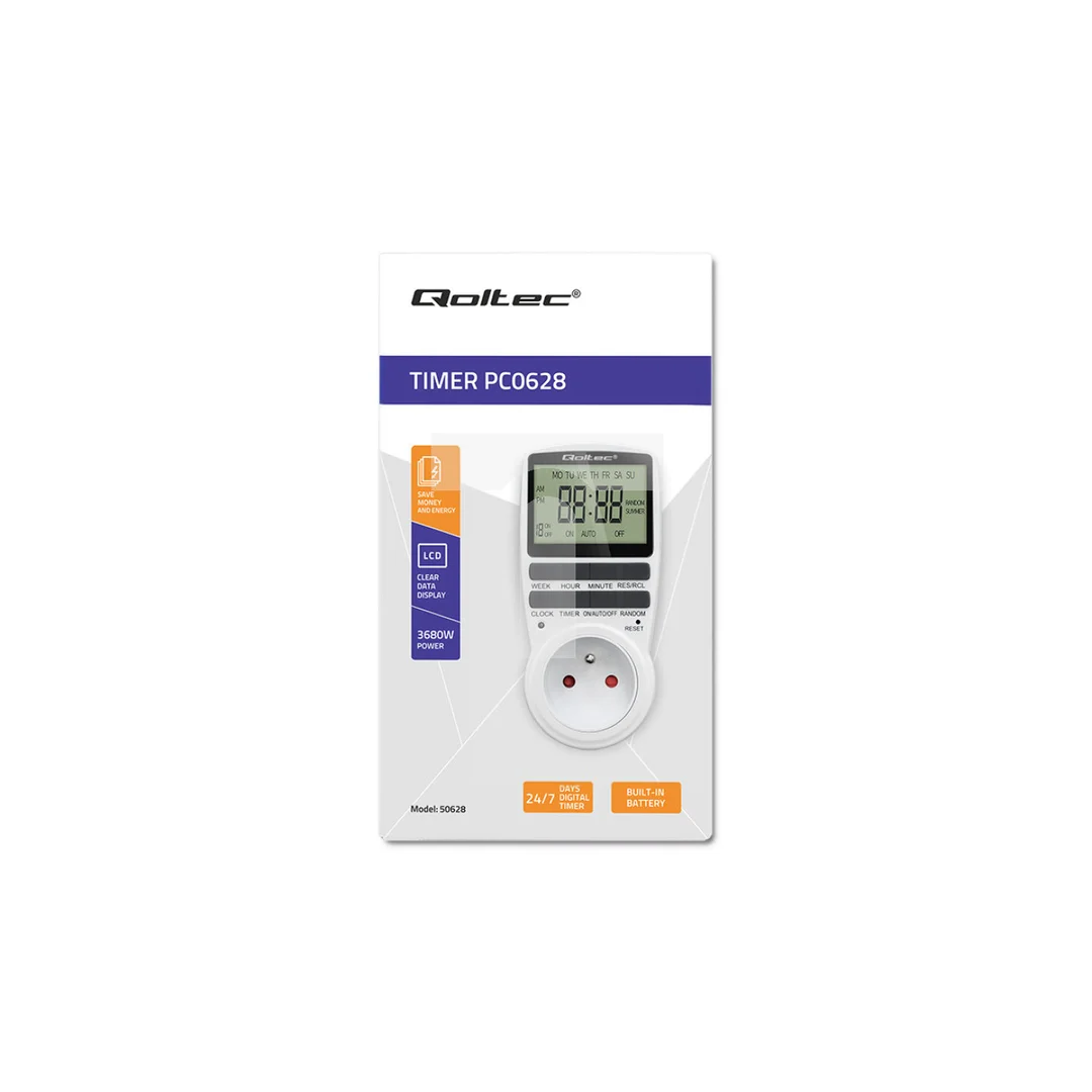 Qoltec Elektroniczny programator czasowy PC0628 3680W 16A LCD