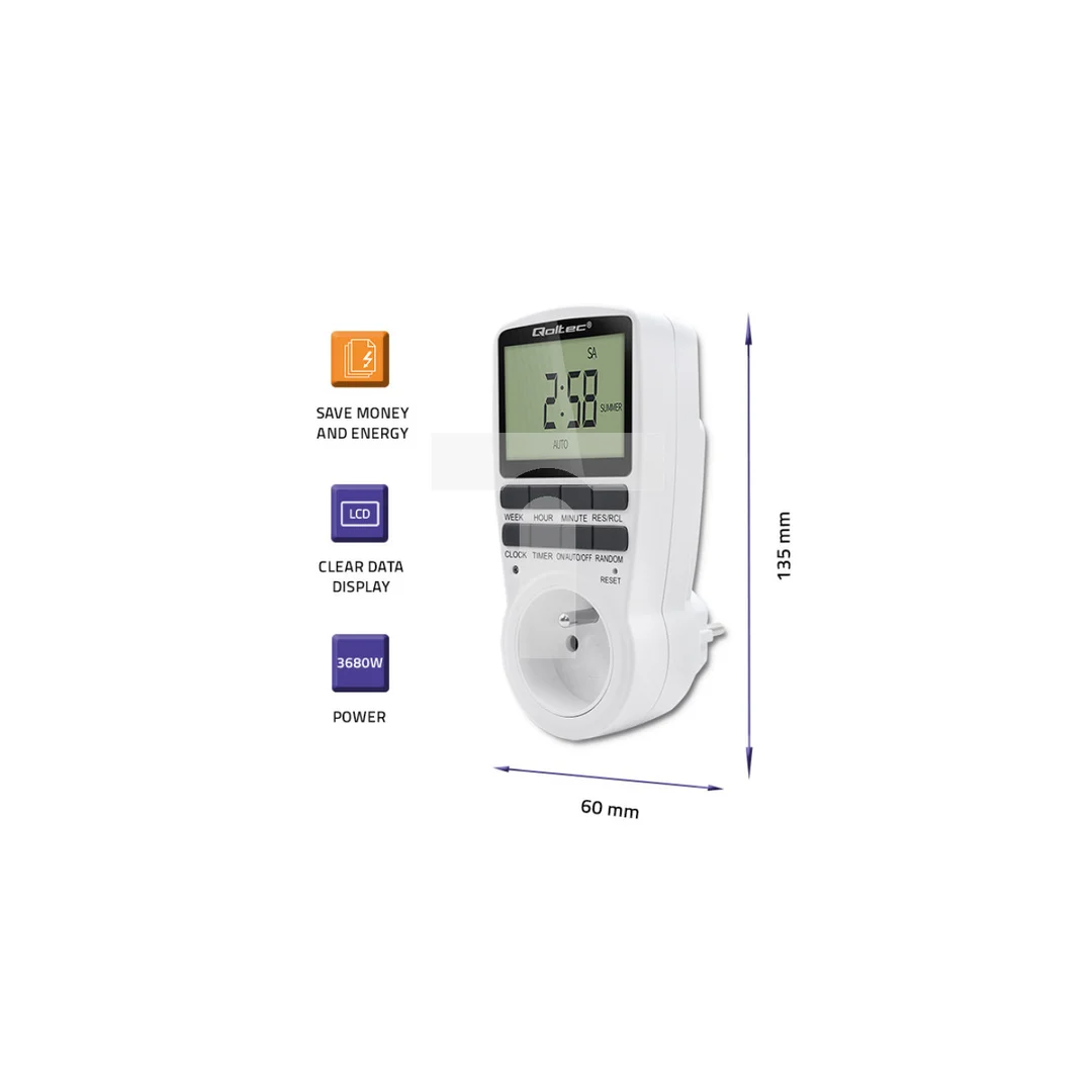 Qoltec Elektroniczny programator czasowy PC0628 3680W 16A LCD