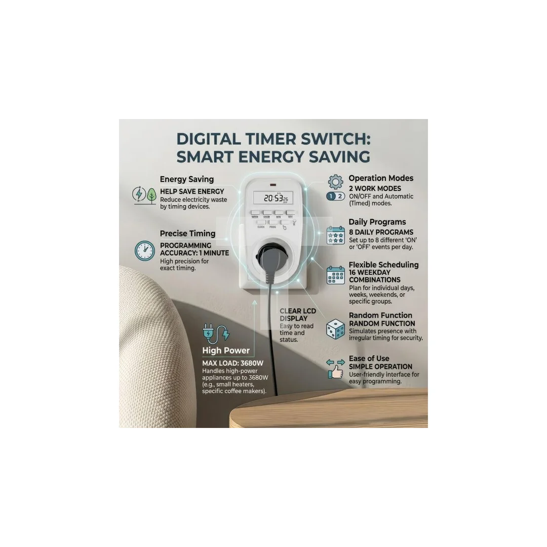 Włącznik czasowy - timer cyfrowy GreenBlue, max. obciążenie 16A, IP20, GB362 E