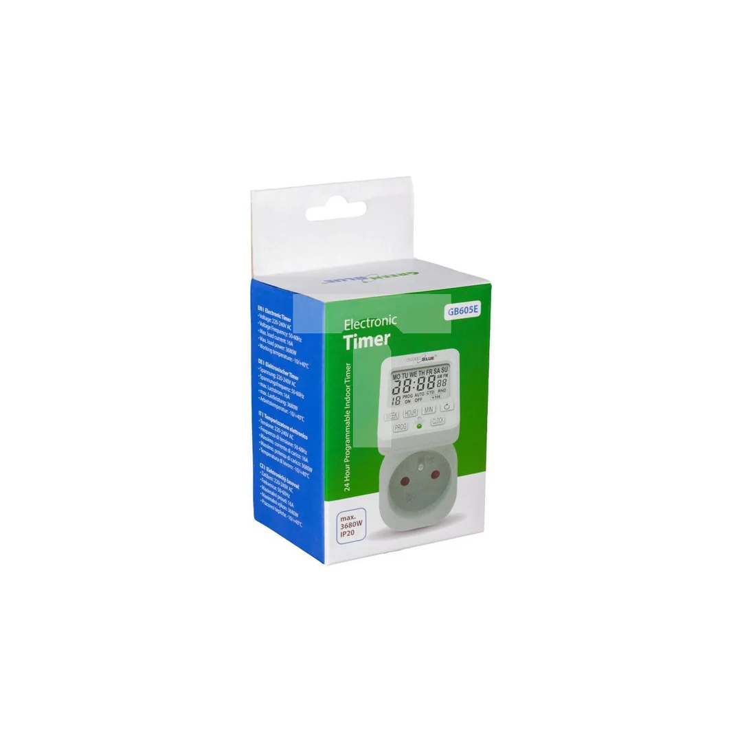 Włącznik czasowy - timer cyfrowy GreenBlue, max. obciążenie 16A, IP20, GB605 E
