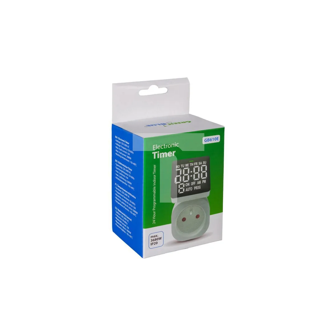 Włącznik czasowy - timer cyfrowy GreenBlue, max. obciążenie 16A, IP20, GB610 E