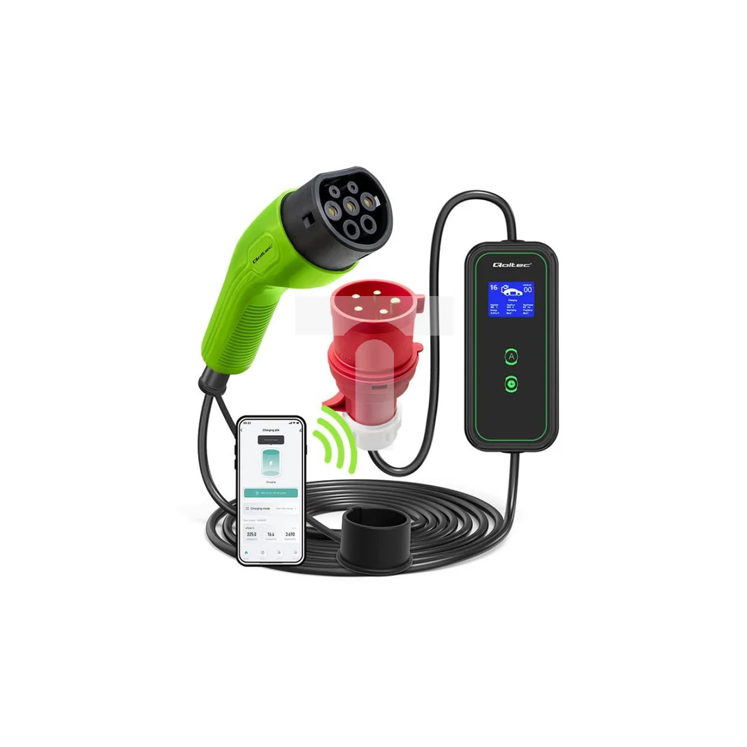 Qoltec Mobilna ładowarka do samochodu elektrycznego EV z regulacją 2w1 Typ2 11kW CEE 5 PIN Wi-fi LCD 3 fazy Przenośna Wallbox 5m