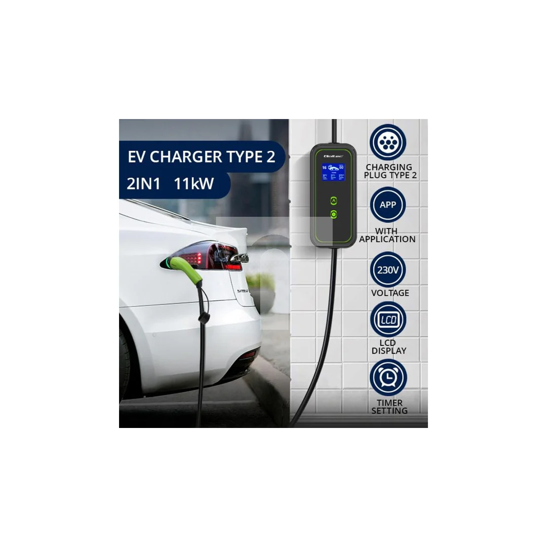 Qoltec Mobilna ładowarka do samochodu elektrycznego EV z regulacją 2w1 Typ2 11kW CEE 5 PIN Wi-fi LCD 3 fazy Przenośna Wallbox 5m