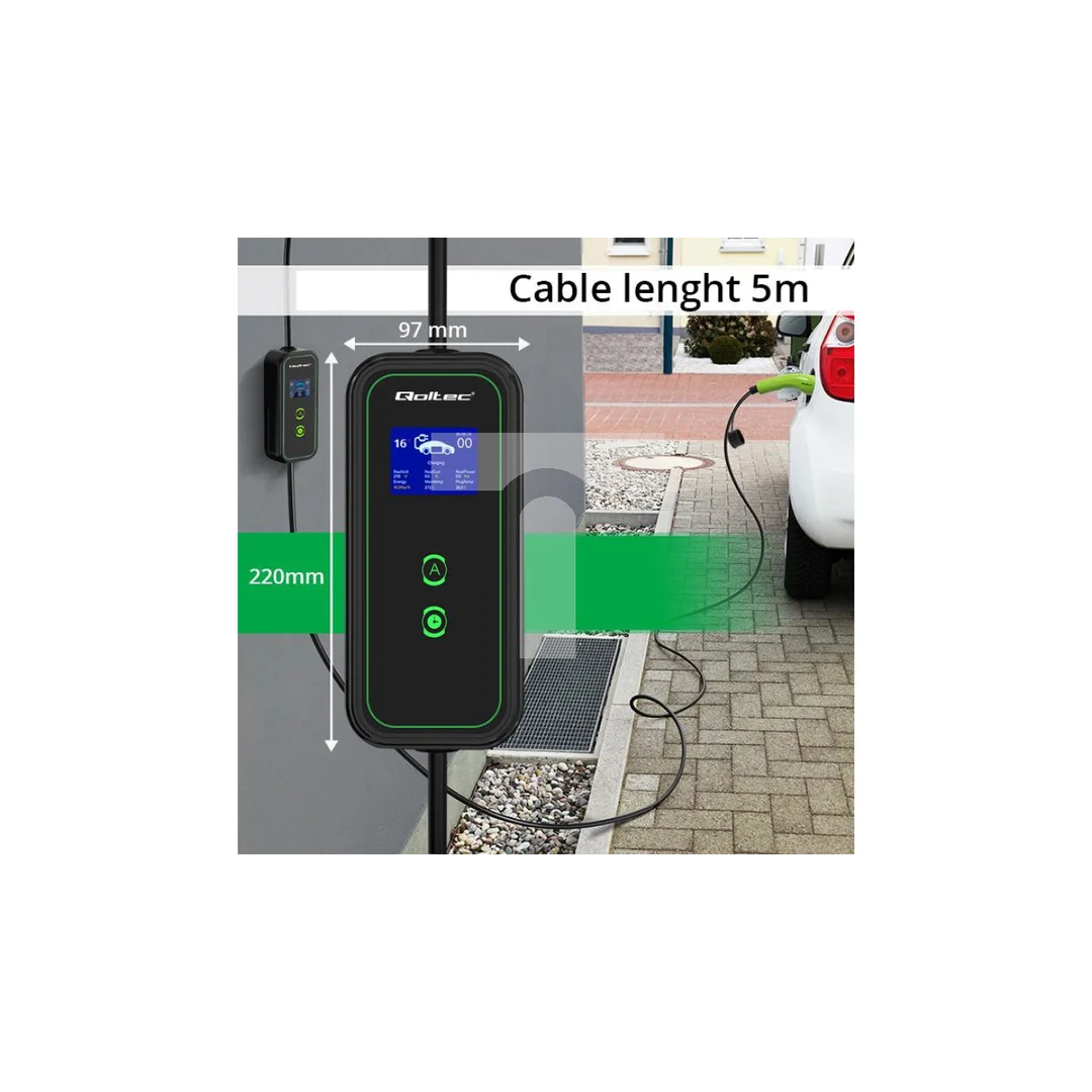 Qoltec Mobilna ładowarka do samochodu elektrycznego EV z regulacją 2w1 Typ2 11kW CEE 5 PIN Wi-fi LCD 3 fazy Przenośna Wallbox 5m